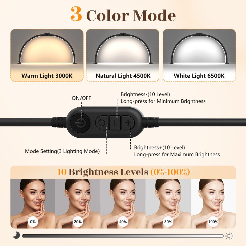 Yokilly Half Moon Light for Nail Desk: 29" Foldable Half Moon Nail Desk Lamp with Phone Holder for Beginner - Arch Tech Light with 3 Color Modes & 10 Brightness for Manicure Salon (Black Diamond, Large) - Image 3