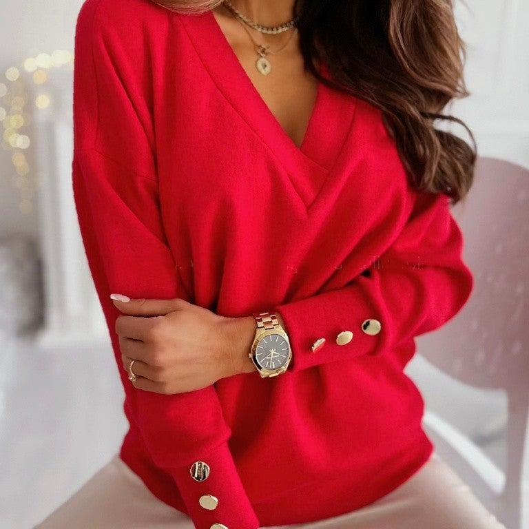 2021 Independent Station Wish Export Early Spring New Urban Casual Cuff Button Decorative V Neck Knitwear - Image 2