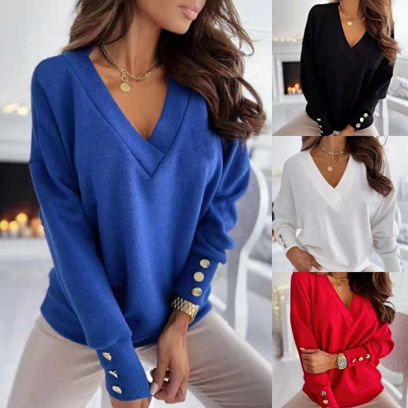 2021 Independent Station Wish Export Early Spring New Urban Casual Cuff Button Decorative V Neck Knitwear - Image 1