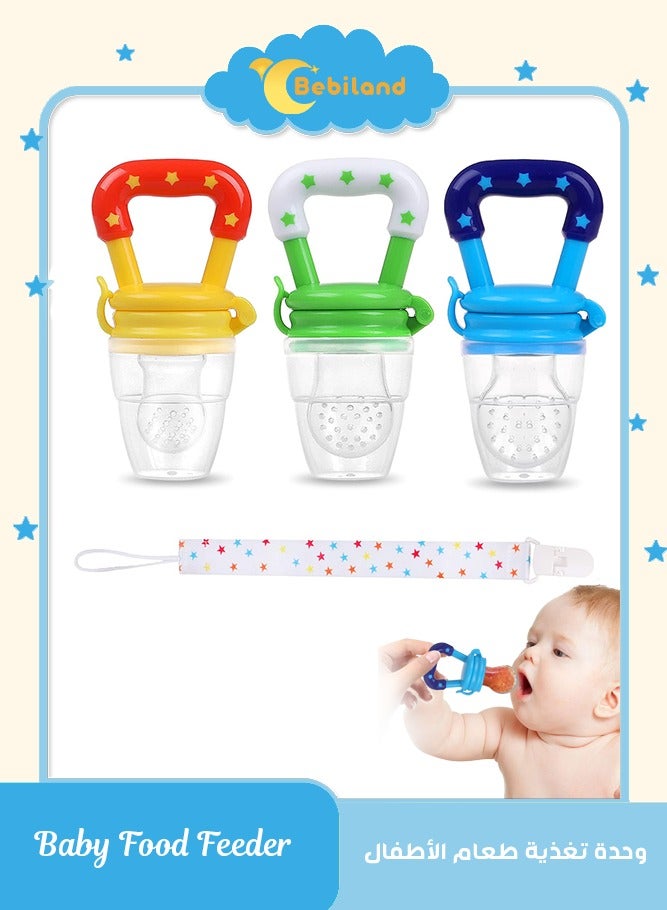 بيبي لاند مجموعة تغذية طعام الاطفال مكونة ، 3 قطع من لهايات تغذية الطعام الطازج مع مشابك لهاية، دمية تسنين للرضع والاطفال الصغار (أزرق/أصفر/أخضر) - Image 1