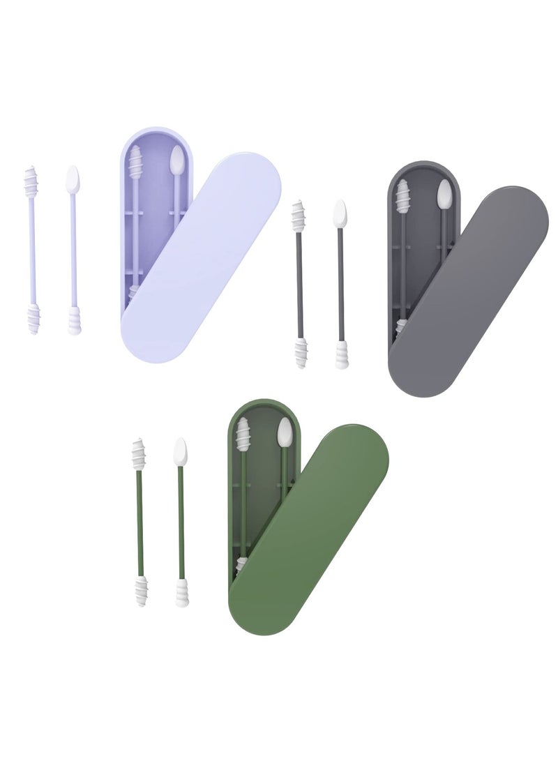 KASTWAVE 3 صناديق من أعواد القطن السيليكونية، مزدوجة الرأس، قابلة للغسل، أعواد قطن دوارة قابلة لإعادة الاستخدام، مع صندوق تخزين، لمكياج يومي وتنظيف الأذن (رمادي، أخضر، أزرق) - Image 1