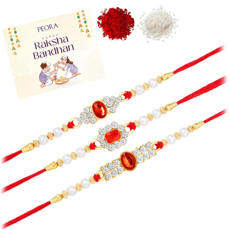 PEORA CZ Pearl & Crystals Studded Thread Rakhi for Brother Bhaiya | Combo Set of 3 | Raksha Bandhan Hamper with Roli Chawal & Greeting Card - Image 2