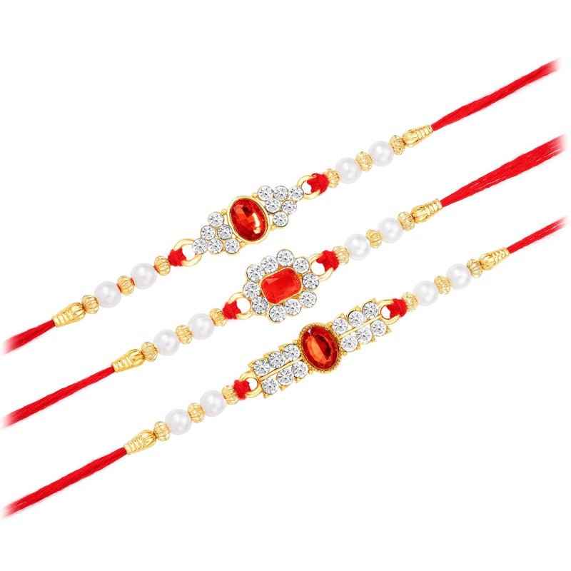 PEORA CZ Pearl & Crystals Studded Thread Rakhi for Brother Bhaiya | Combo Set of 3 | Raksha Bandhan Hamper with Roli Chawal & Greeting Card - Image 5
