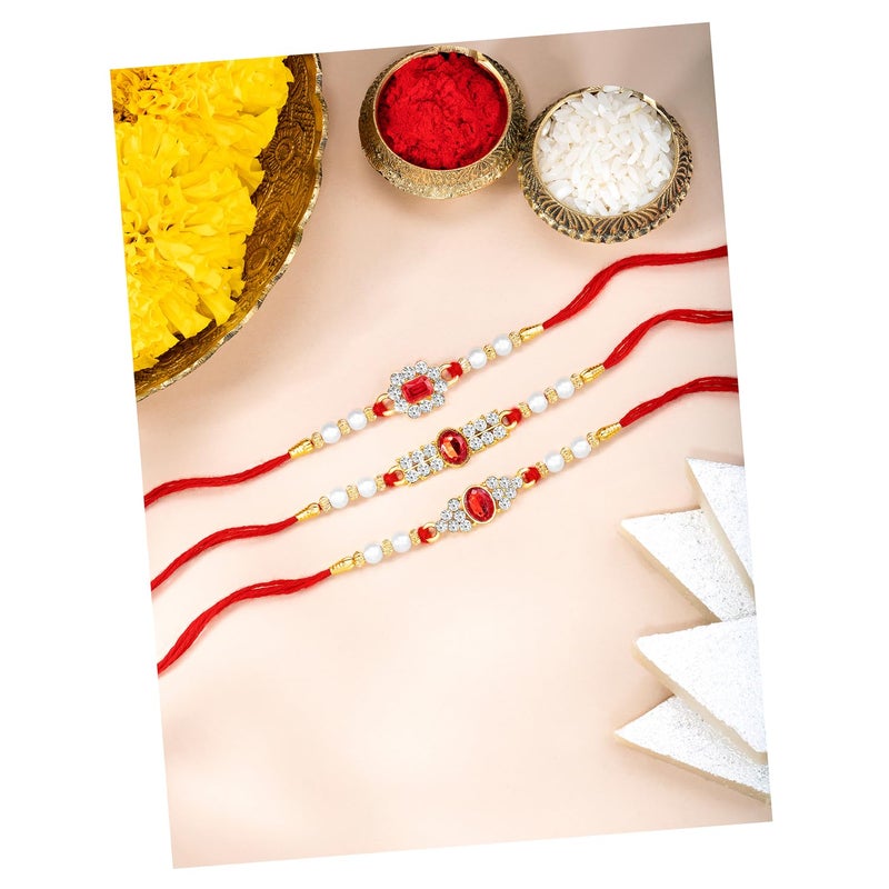 PEORA CZ Pearl & Crystals Studded Thread Rakhi for Brother Bhaiya | Combo Set of 3 | Raksha Bandhan Hamper with Roli Chawal & Greeting Card - Image 1