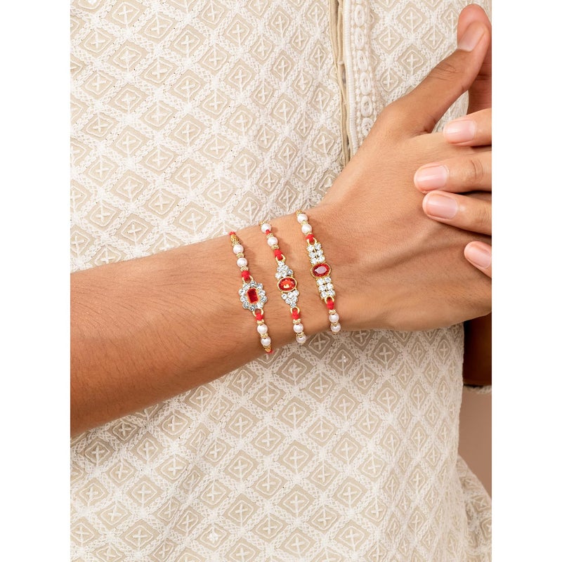 PEORA CZ Pearl & Crystals Studded Thread Rakhi for Brother Bhaiya | Combo Set of 3 | Raksha Bandhan Hamper with Roli Chawal & Greeting Card - Image 4