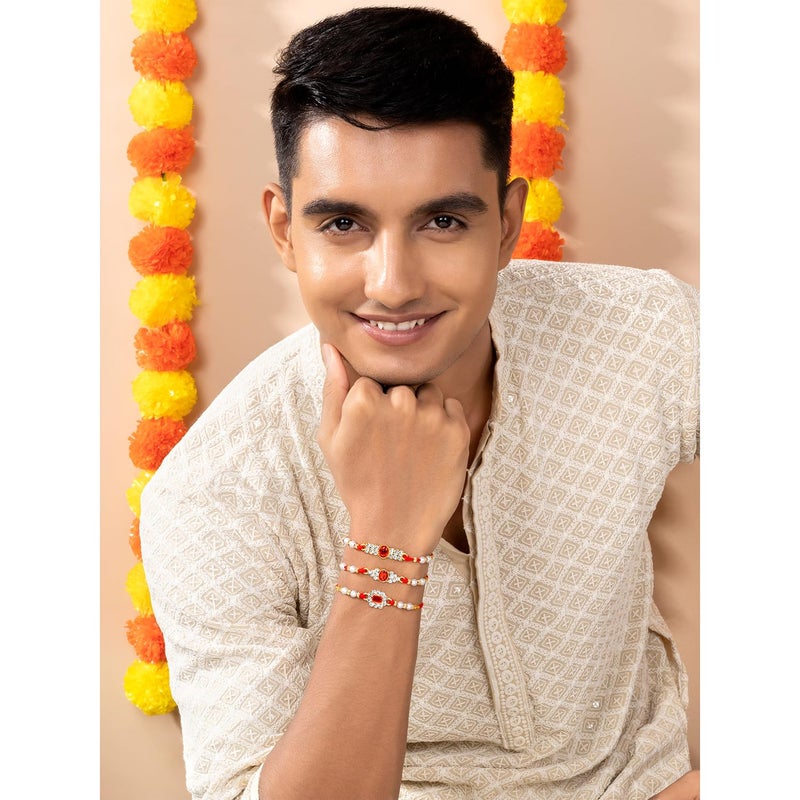 PEORA CZ Pearl & Crystals Studded Thread Rakhi for Brother Bhaiya | Combo Set of 3 | Raksha Bandhan Hamper with Roli Chawal & Greeting Card - Image 3