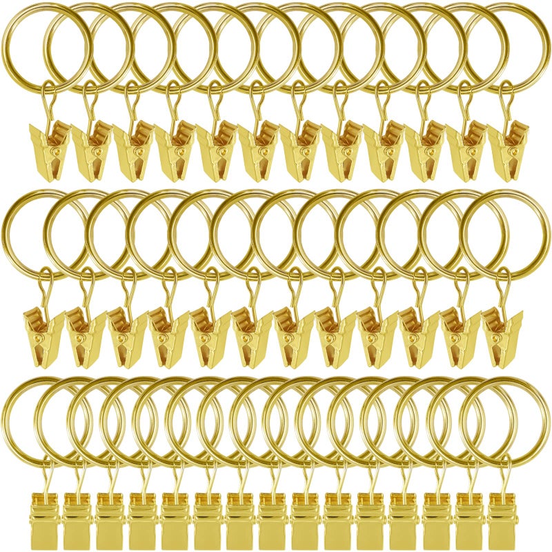 WeeksEight 44 Pack Gold Curtain Rings with Clips Curtain Hooks Hangers Clip Rings for Hanging Drapes Bows Hat Drapery Rings 1 in I D Fits up to 58 in Diameter Curtain Rod