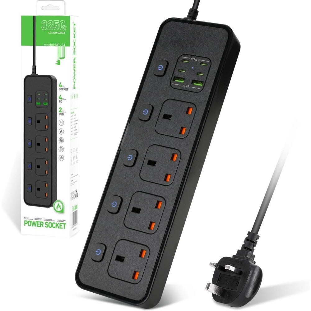 Universal Power Strip With 2 USB A And 4 USB C 4 Way 2M Power Extension Cord 5 Individual Switches Surge Protection For Home And Office
