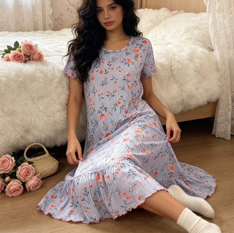 ثوب نوم نسائي مطبوع بأكمام مكشكشة، فضفاض - Image 2