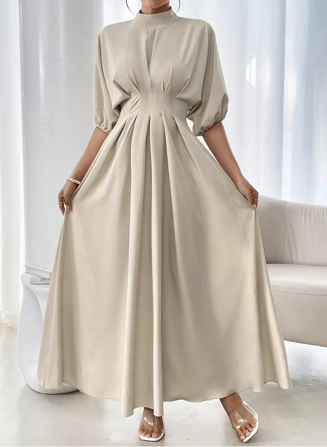Take Two Beige A-Line Maxi Dress With Puff Sleeves