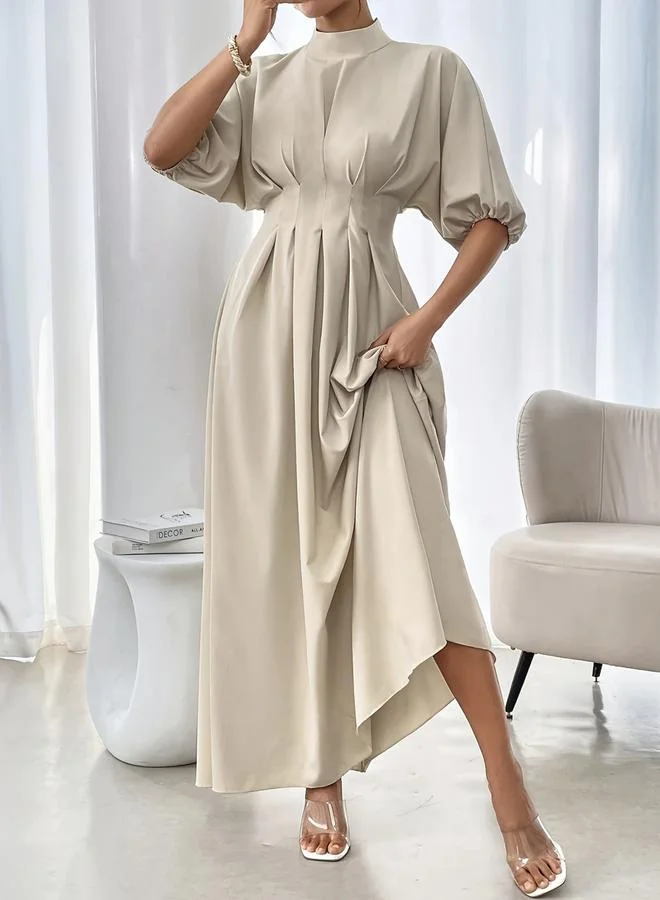 Take Two Beige A-Line Maxi Dress With Puff Sleeves