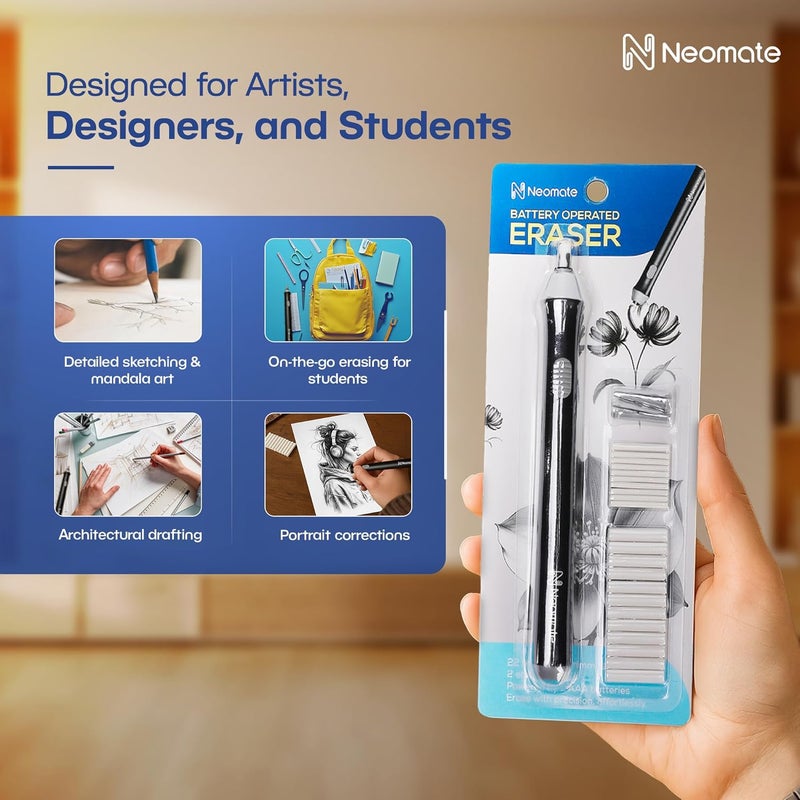 Neomate Slim Battery-Operated Automatic Eraser | Includes 22 Refills and 2 Eraser Holders | Portable Electric Eraser for Precision Drawing & Sketching (Batteries Not Included) - Image 3