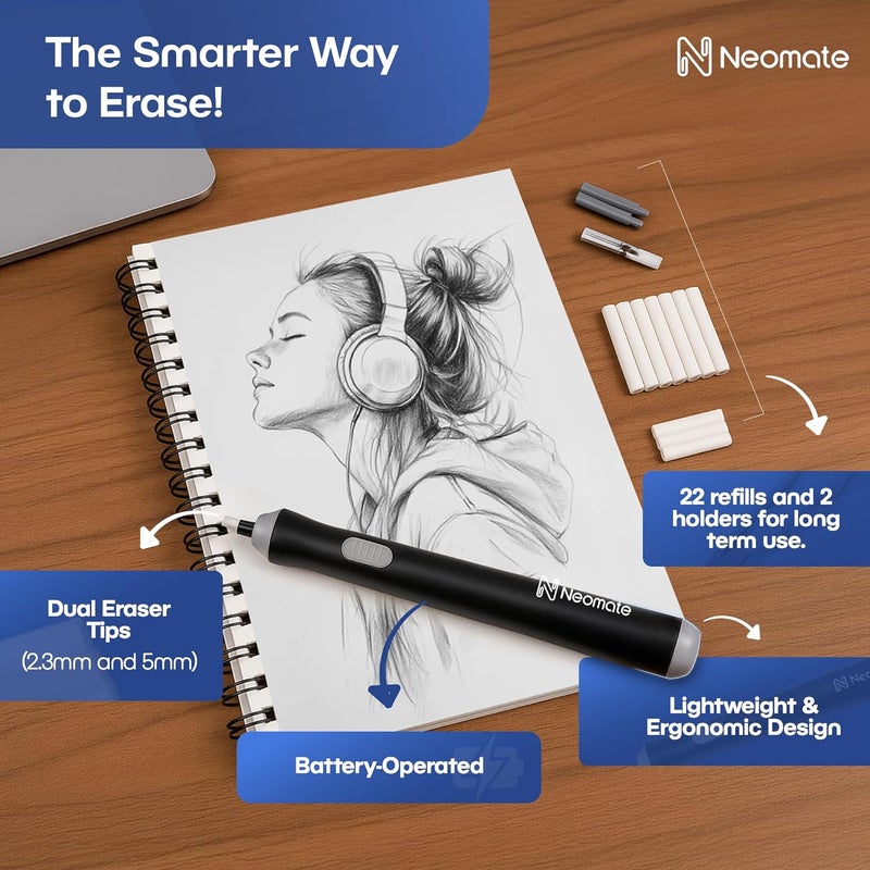 Neomate Slim Battery-Operated Automatic Eraser | Includes 22 Refills and 2 Eraser Holders | Portable Electric Eraser for Precision Drawing & Sketching (Batteries Not Included) - Image 5