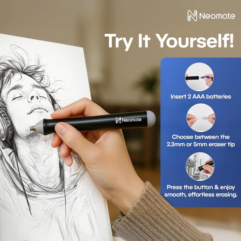 Neomate Slim Battery-Operated Automatic Eraser | Includes 22 Refills and 2 Eraser Holders | Portable Electric Eraser for Precision Drawing & Sketching (Batteries Not Included) - Image 4