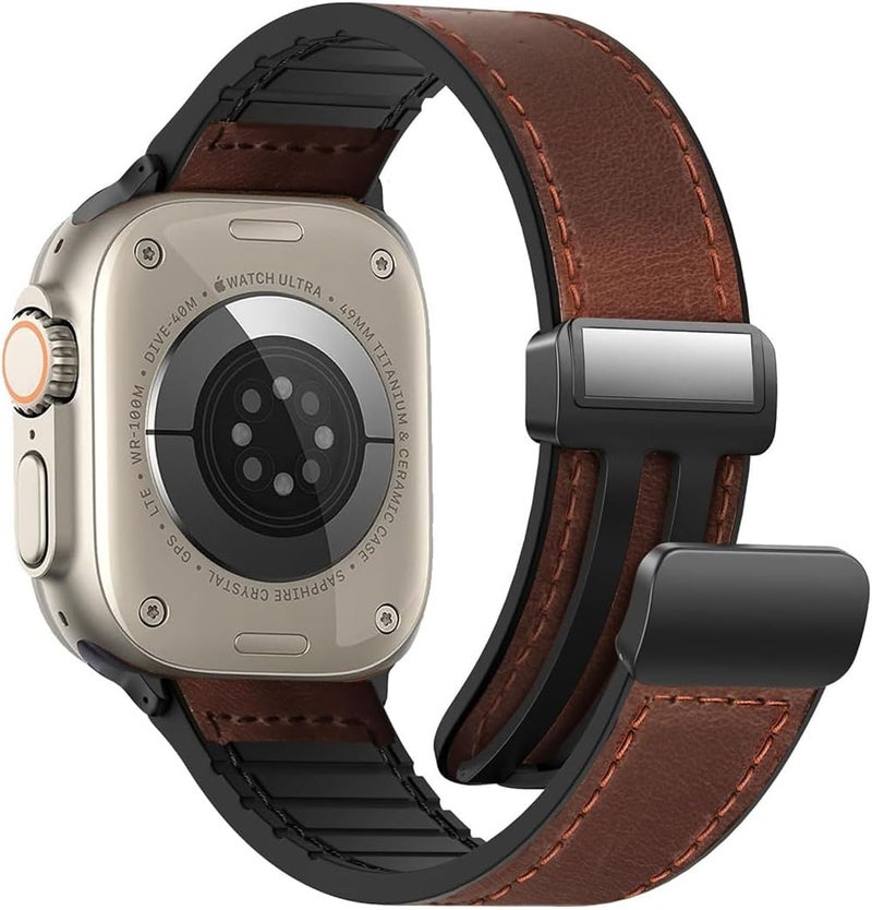 YARDHOBI Genuine Leather Magnetic Strap Compatible with Apple Watch Ultra/Ultra 2/Series 10–1 – 42mm–49mm Brown Replacement Band - Image 1