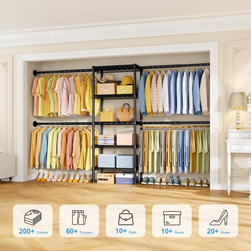 Ulif M2 Wall Mounted Closet System, Clothes Rack Mounted onto the Wall with 4 Expandable Hanger Rods and 5 Metal Shelves, Clothing Organizer Storage in (70.8-102.3)" L x 14.5" D x 71.2" H, Black - Image 3