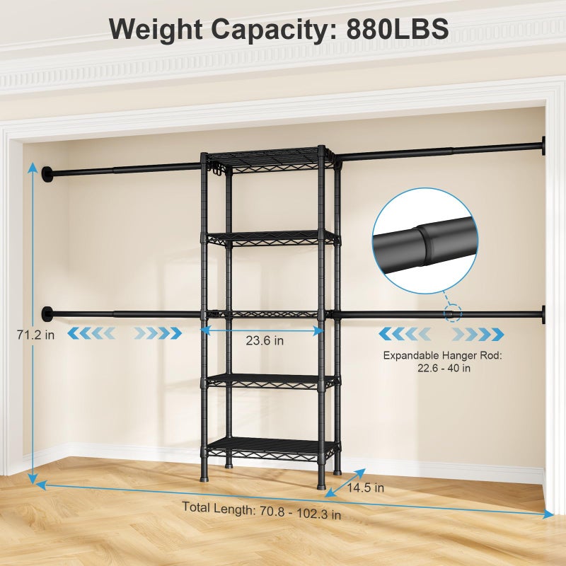 Ulif M2 Wall Mounted Closet System, Clothes Rack Mounted onto the Wall with 4 Expandable Hanger Rods and 5 Metal Shelves, Clothing Organizer Storage in (70.8-102.3)" L x 14.5" D x 71.2" H, Black - Image 4