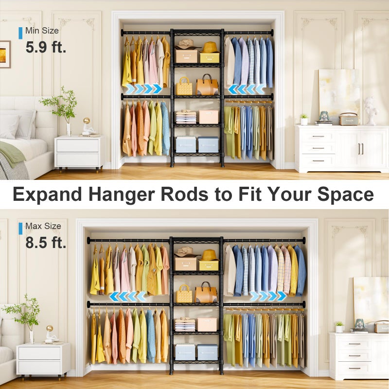 Ulif M2 Wall Mounted Closet System, Clothes Rack Mounted onto the Wall with 4 Expandable Hanger Rods and 5 Metal Shelves, Clothing Organizer Storage in (70.8-102.3)" L x 14.5" D x 71.2" H, Black - Image 2