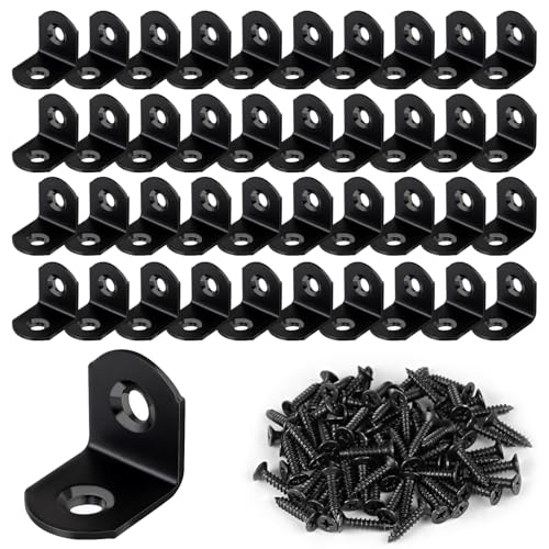 Romeda 40 Pcs L Bracket Stainless Steel Corner Brace Sets, 90 Degree Right Angle Brackets with 80 Pcs Screws, L Bracket Firmware for Wooden Shelves, Chairs, Tables, Dressers, Furniture (Black) - Image 1