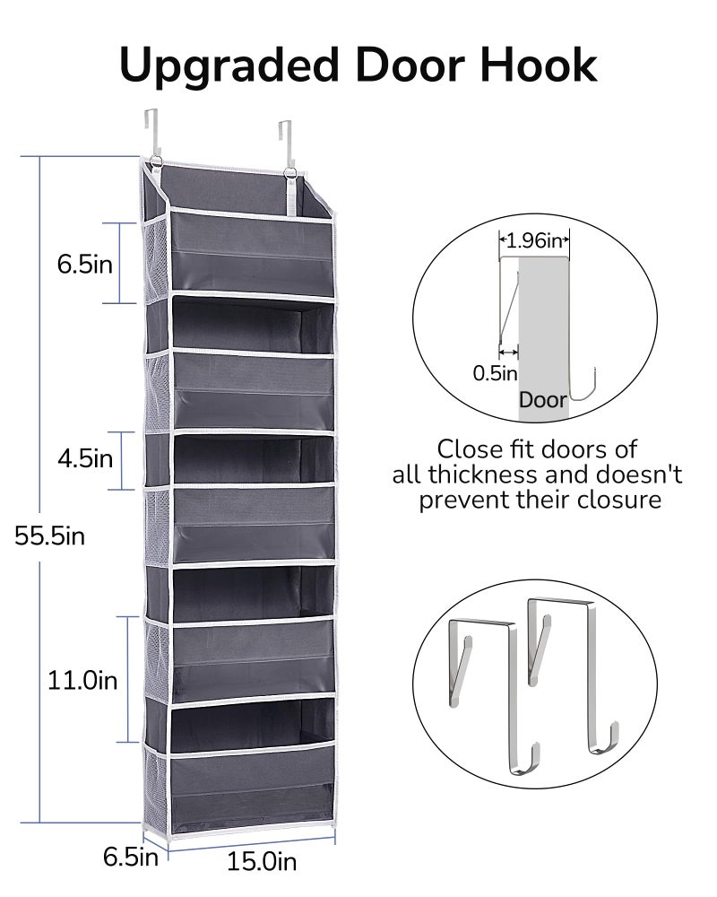 ULG 1 Pack Over Door Organizer with 5 Large Pockets 10 Mesh Side Pockets, 44 lbs Weight Capacity Hanging Storage Organizer with Clear Window Kids Toys, Shoes, Diapers, Dark Grey, 5 Layers - Image 5
