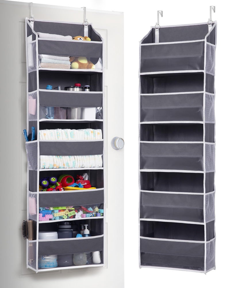 ULG 1 Pack Over Door Organizer with 5 Large Pockets 10 Mesh Side Pockets, 44 lbs Weight Capacity Hanging Storage Organizer with Clear Window Kids Toys, Shoes, Diapers, Dark Grey, 5 Layers - Image 1