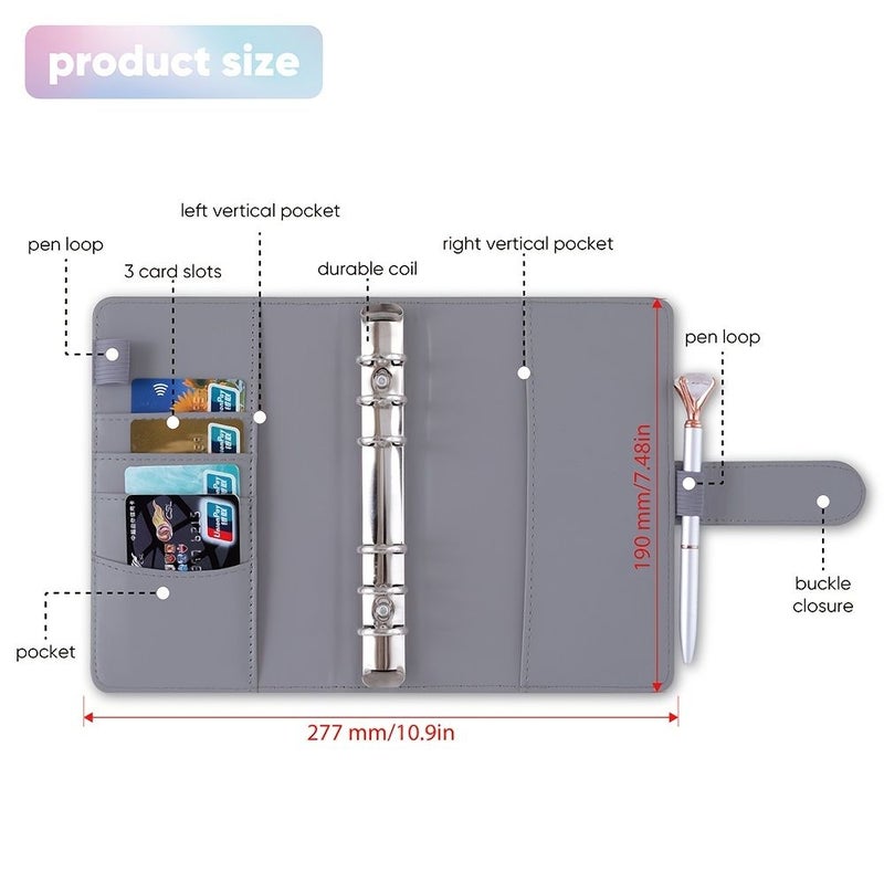 Gray A6 PU Leather Budget Binder With 8 Clear Envelopes And Stickers - Image 3