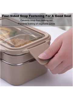VUCATIN Lunch Box 2 Tier Stainless Steel Bento Lunch Box with 3 Compartments and Cutlery (Spoon & Fork) for Kids and Adults Leakproof Allow Dishwasher 1000ml (Brown)  - Image 2