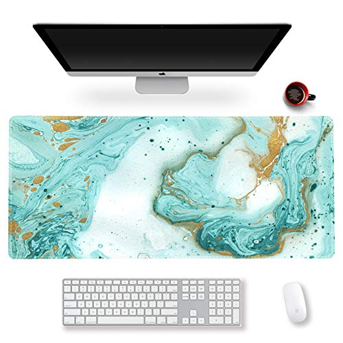 ARTSO Extended Gaming Mouse Pad XXL ArtSo Large Keyboard Mat Long Mousepad Desk Decor Writing Pad Non Slip Rubber Base Stitched Edges for Work, Game, Office, Home, 35.1 x 15.7 in, Teal Turqoise Marble - Image 1