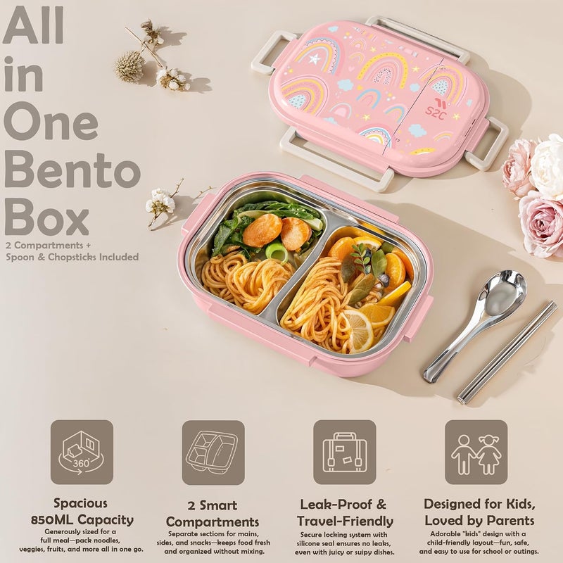 Stainless Steel Kids Lunch Box | Bento-Style Tiffin with Leak-Proof Lid & Insulated Bag | Cute Designs for School & Travel | Large 1600ML Capacity (RAINBOW, 2 COMPARTMENT) - Image 5
