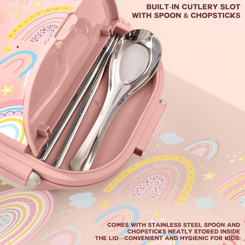 Stainless Steel Kids Lunch Box | Bento-Style Tiffin with Leak-Proof Lid & Insulated Bag | Cute Designs for School & Travel | Large 1600ML Capacity (RAINBOW, 2 COMPARTMENT) - Image 2