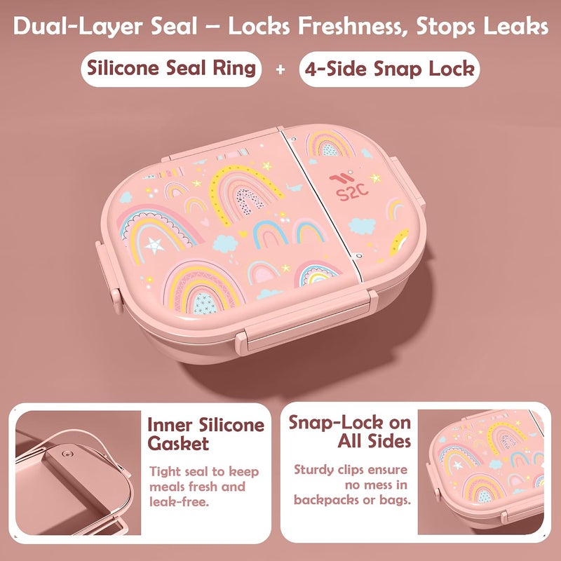 Stainless Steel Kids Lunch Box | Bento-Style Tiffin with Leak-Proof Lid & Insulated Bag | Cute Designs for School & Travel | Large 1600ML Capacity (RAINBOW, 2 COMPARTMENT) - Image 4