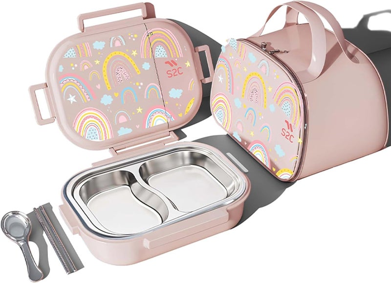 Stainless Steel Kids Lunch Box | Bento-Style Tiffin with Leak-Proof Lid & Insulated Bag | Cute Designs for School & Travel | Large 1600ML Capacity (RAINBOW, 2 COMPARTMENT) - Image 1