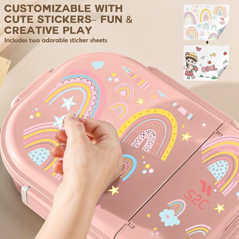 Stainless Steel Kids Lunch Box | Bento-Style Tiffin with Leak-Proof Lid & Insulated Bag | Cute Designs for School & Travel | Large 1600ML Capacity (RAINBOW, 2 COMPARTMENT) - Image 3