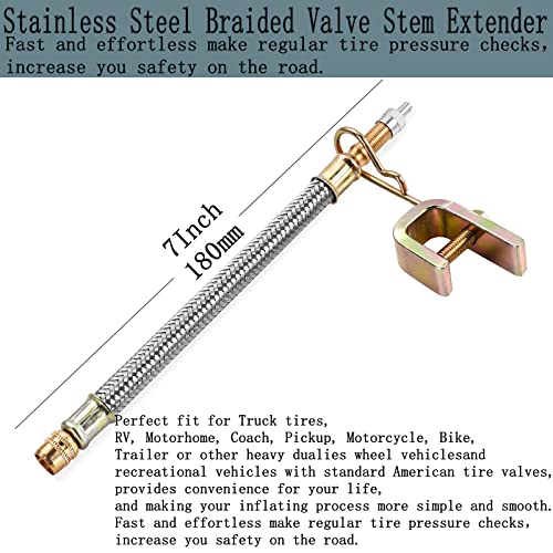 Aracey Valve Stem Extenders,4Pcs 7Inch/180mm Dual Flexible Stainless Steel Braided Valve Stem Extensions,6Pieces 45 90 135 Degree Brass Valve Adaptors for Car Truck Motorhome Trailer RV Trailer Vehicle - Image 2