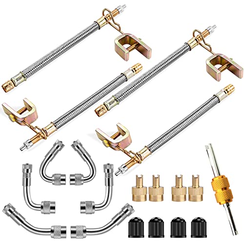Aracey Valve Stem Extenders,4Pcs 7Inch/180mm Dual Flexible Stainless Steel Braided Valve Stem Extensions,6Pieces 45 90 135 Degree Brass Valve Adaptors for Car Truck Motorhome Trailer RV Trailer Vehicle - Image 1