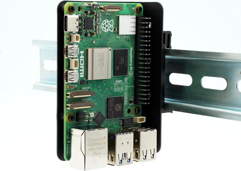 حامل مشبك سكة DIN من لـ Raspberry Pi - متوافق مع Raspberry Pi 5 و4B و3B وأجهزة SBC الأخرى ذات نمط فتحات البراغي نفسه - فولاذ مطلي بالبودرة - 6 مواضع تثبيت للمشابك - Image 1