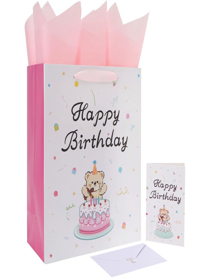 Qirrmiy 13'' Large Bear Birthday Gift Bag Set with Handles, Greeting Card, Tissue Papers and Stickers for Boys', Girls', Kids' Birthday Party, Baby, Newborn, Bear & Cake Design, 1 Pcs - Image 1