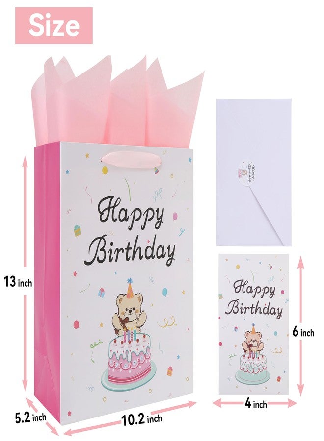 Qirrmiy 13'' Large Bear Birthday Gift Bag Set with Handles, Greeting Card, Tissue Papers and Stickers for Boys', Girls', Kids' Birthday Party, Baby, Newborn, Bear & Cake Design, 1 Pcs - Image 2
