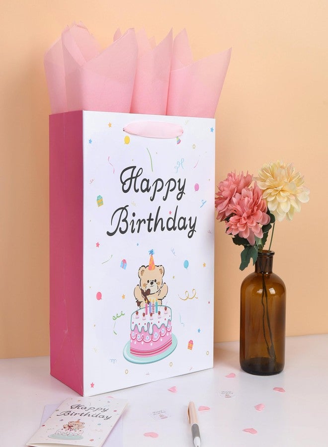 Qirrmiy 13'' Large Bear Birthday Gift Bag Set with Handles, Greeting Card, Tissue Papers and Stickers for Boys', Girls', Kids' Birthday Party, Baby, Newborn, Bear & Cake Design, 1 Pcs - Image 5