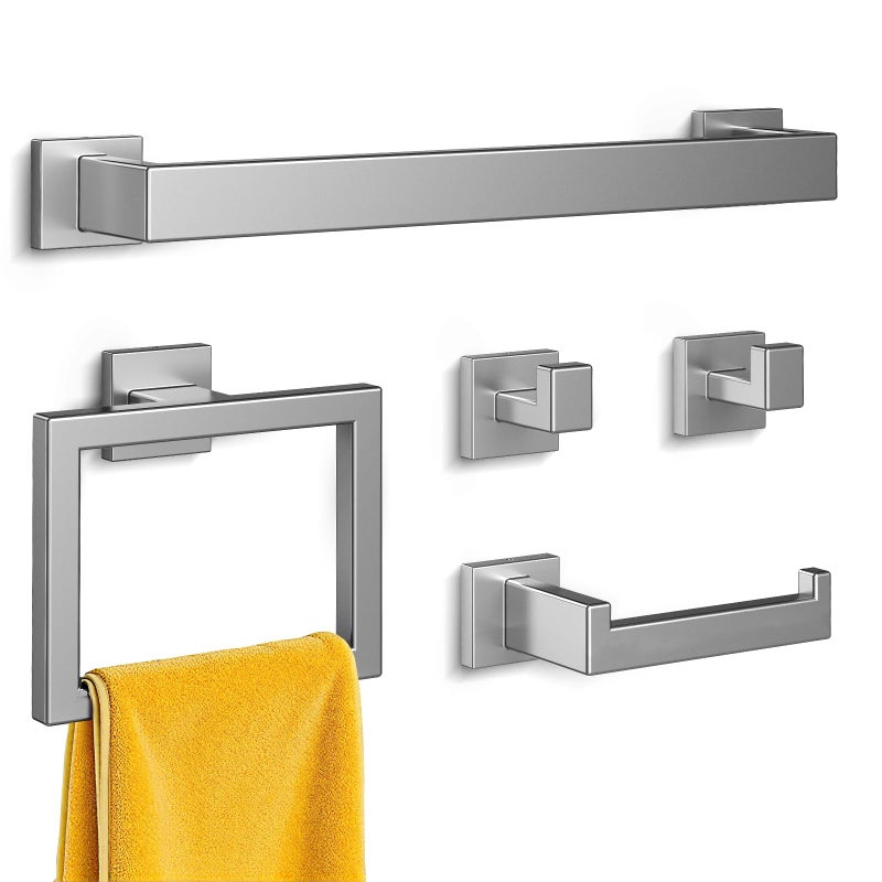 Kitsure 5-Pieces Bathroom Hardware Set & Accessories, Rustproof Towel Racks for Bathroom Wall Mounted, 16" Towel Bar, Toilet Paper Holder, Ring & 2 Hooks, Brushed Nickel - Image 1