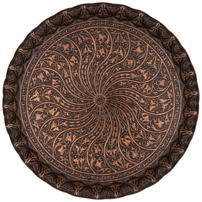 TURKISH OTTOMAN COFFEE TEA SERVING TRAY 118 INCHES WAVY ZAMAC TRAY WITH TRADITIONAL MOTIFS AVAILABLE IN FIVE COLOR VARIATIONS COPPER
