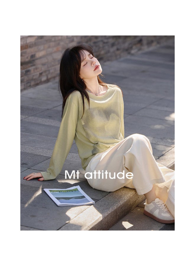 Mt Street Style] Autumn Lightweight See-through Large Floral Print Design Long Sleeve T-shirt, Gray-gree - Image 1
