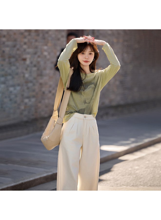 Mt Street Style] Autumn Lightweight See-through Large Floral Print Design Long Sleeve T-shirt, Gray-gree - Image 4