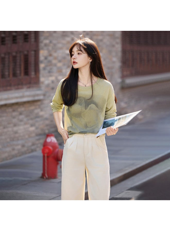 Mt Street Style] Autumn Lightweight See-through Large Floral Print Design Long Sleeve T-shirt, Gray-gree - Image 2