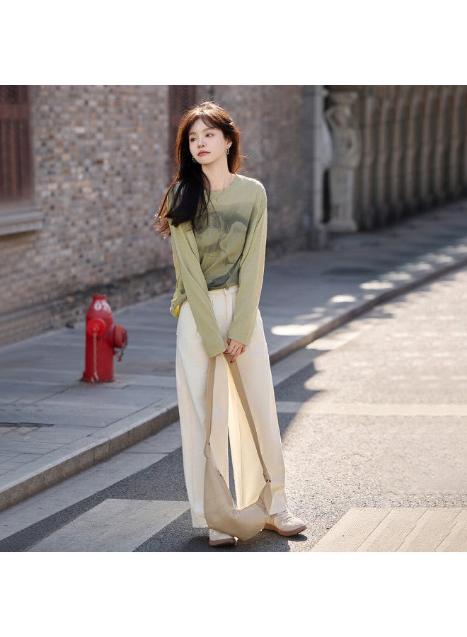 Mt Street Style] Autumn Lightweight See-through Large Floral Print Design Long Sleeve T-shirt, Gray-gree - Image 3
