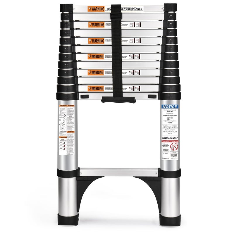 Soctone Telescoping Ladder 125 FT Aluminum Button Retraction Extension Ladder with 2 Triangle Stabilizers MultiPurpose Ladder with Slow Down Design 330lbs Max Capacity for House Daily Life
