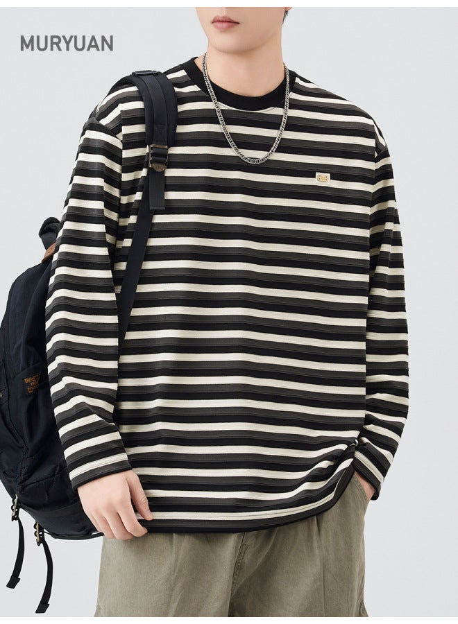 American Trendy Three-dimensional Texture Striped Long-sleeve T-shirt Men's Loose High-end Round Neck Top - Image 4