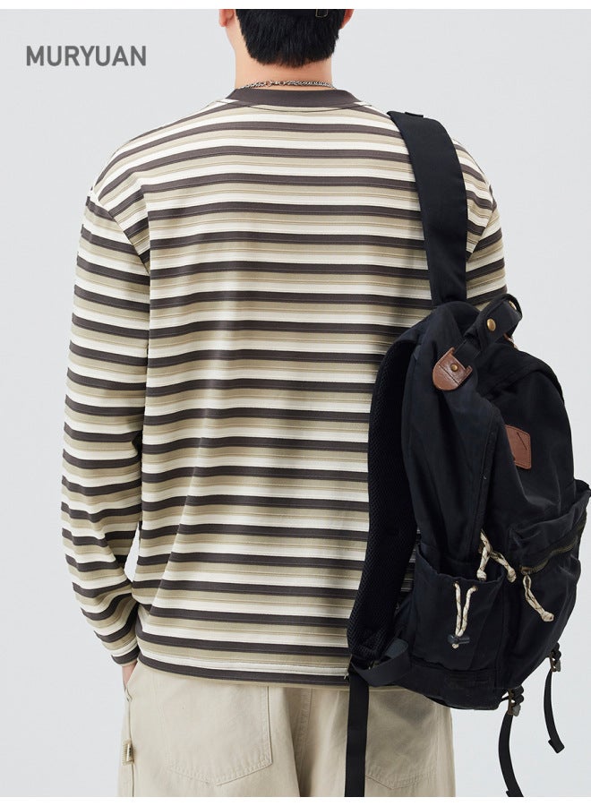 American Trendy Three-dimensional Texture Striped Long-sleeve T-shirt Men's Loose High-end Round Neck Top - Image 2