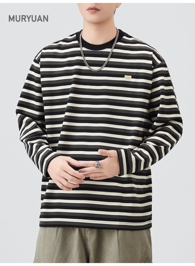 American Trendy Three-dimensional Texture Striped Long-sleeve T-shirt Men's Loose High-end Round Neck Top - Image 5