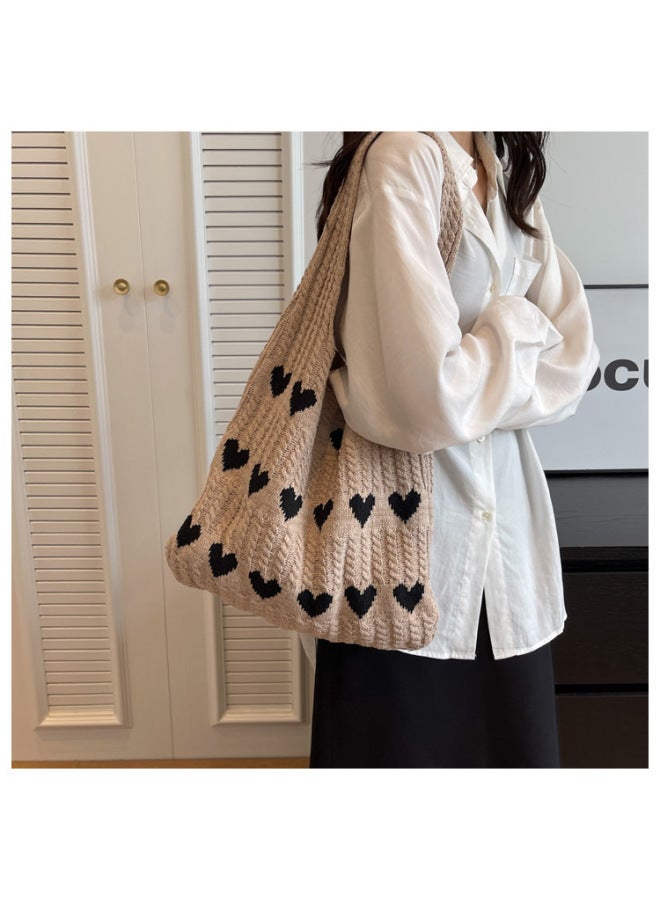 2023 Large Capacity Knitted Tote Bag Heart Pattern Supply Fashionable Ins Style Women's Shoulder Bag-Color:apricot With Red  - Image 3